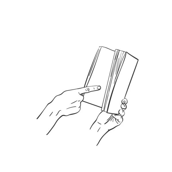 手で本のスケッチページ上の第五指を指して 手描き分離ベクトル線画イラスト — ストックベクタ