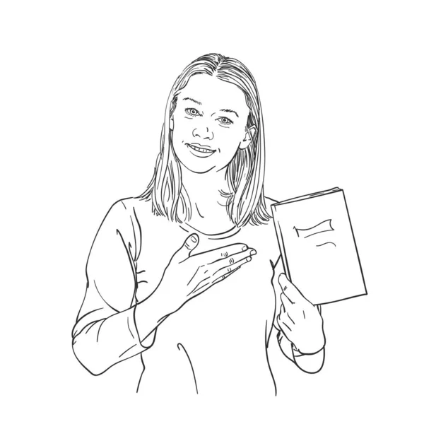 Chica Con Libro Mano Palma Que Muestra Dibujo Vectorial Ilustración — Vector de stock