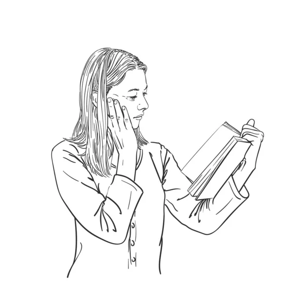 Chica Está Leyendo Libro Tocando Mejilla Con Palma Dibujo Vectorial — Archivo Imágenes Vectoriales