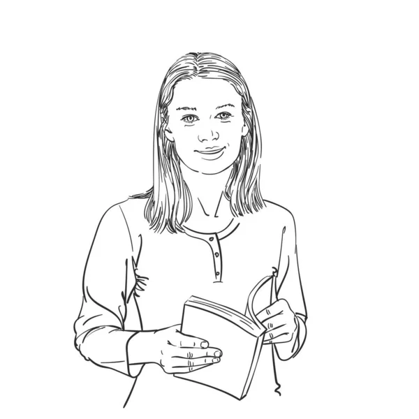 Chica Con Libro Mano Mirando Cámara Sonriendo Dibujo Vectorial Ilustración — Archivo Imágenes Vectoriales