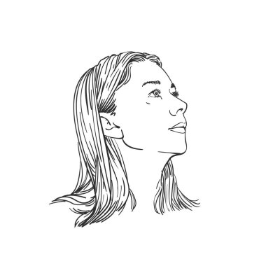 Portrait of woman with long hair looking sideways up, Hand drawn illustration, Vector sketch clipart