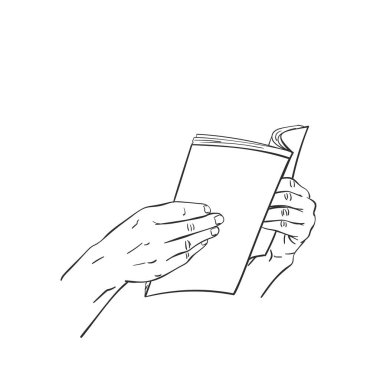 Ellerindeki açık kitabın çizimi, el çizimi izole edilmiş vektör çizgisi çizimi