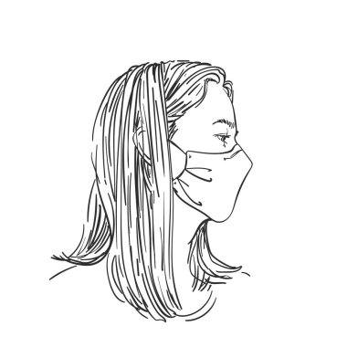 Woman wearing medical face mask and looking sideways down, Hand drawn portrait, Vector sketch