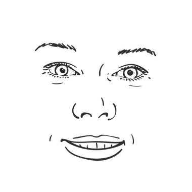 Mutlu gülümseyen kadının yüzü, vektör çizimi El çizimi, izole edilmiş.