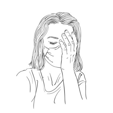 Sketch of tired young woman in medical face mask and has headache, Vector hand drawn illustration