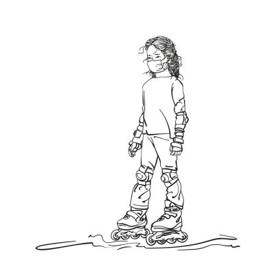 Sketch of cute girl in medical face mask is standing on skate rollers, Hand drawn vector illustration isolated on white background