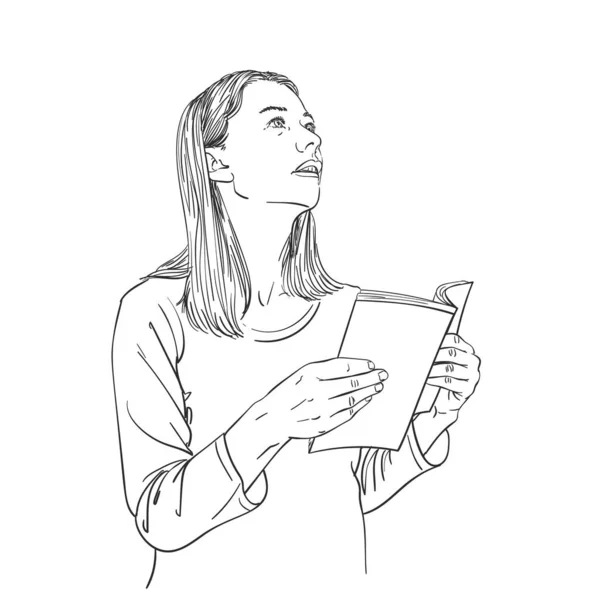 Young Woman Open Book Hands Looks Sideways Vector Sketch Hand — Wektor stockowy