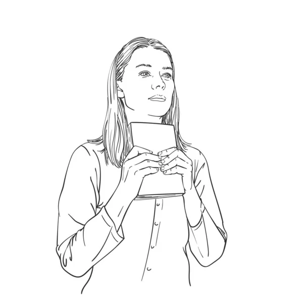Young Woman Holds Book Hands Looks Straight Thinks Vector Sketch — Vector de stock