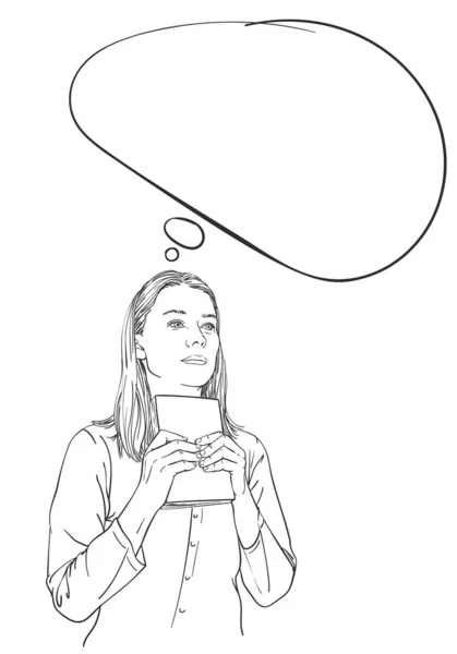 Young Woman Holds Book Hands Looks Straight Thinks Thought Bubble — 스톡 벡터