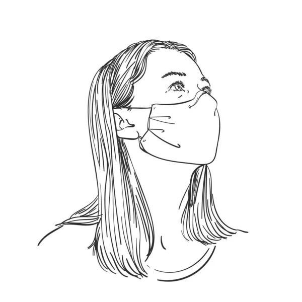 Woman Wearing Medical Face Mask Looking Sideways Hand Drawn Portrait — 图库矢量图片