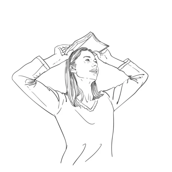 Young Woman Holds Open Book Her Head Roof House Looks — Stockvector
