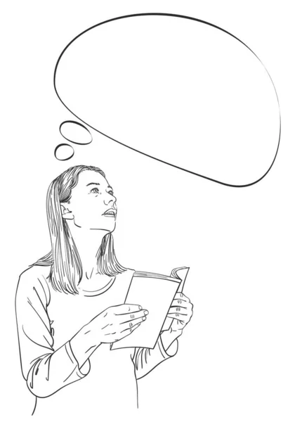 Young Woman Holds Open Book Hands Looks Sideways Thinks Thought — Stockvector