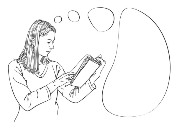 Young Woman Reads Book Thinks Thought Bubble Vector Sketch Hand — Archivo Imágenes Vectoriales