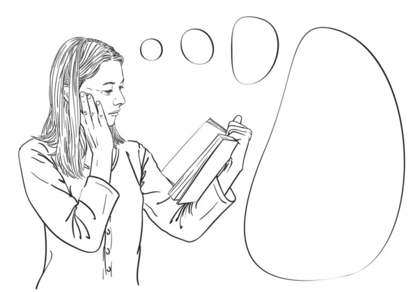 Girl Reading Book Touching Her Cheek Her Palm Thinking Thought — 스톡 벡터