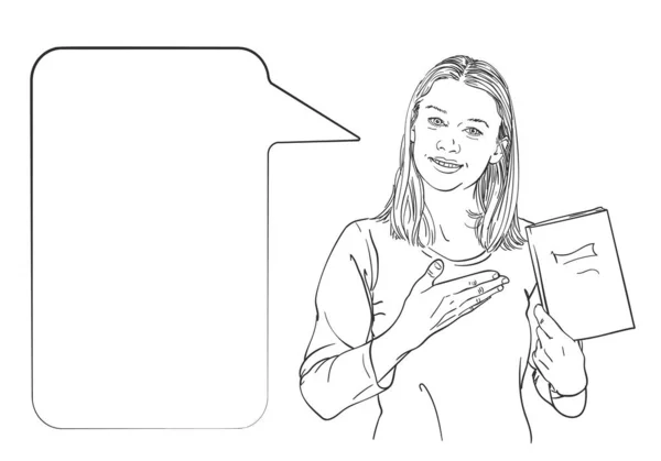 Girl Book Hand Palm Showing Talking Speech Bubble Vector Sketch — Archivo Imágenes Vectoriales