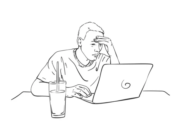 Sketch Man Working Laptop Computer Desk Glass Juice Freelancer Work — Stok Vektör