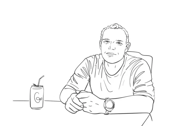 Homme Détendu Assis Derrière Table Avec Des Boissons Des Montres — Image vectorielle