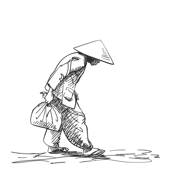Weak Hunched Old Woman Vietnamese Hat Walking Bag Hand Vector — Vector de stock