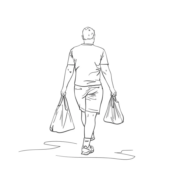 Spaziergänger Mit Einkaufstaschen Beiden Händen Rückansicht Vektorskizze Handgezeichnete Lineare Illustration — Stockvektor