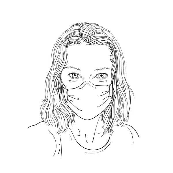 Croquis Portrait Femme Masque Médical Regardant Droit Illustration Vectorielle Dessinée — Image vectorielle
