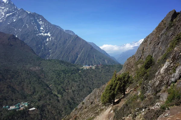 Everest Trek Blick Auf Die Dörfer Deboche Und Tengboche Vom — Stockfoto