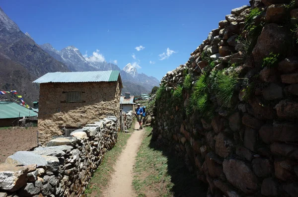 Everest Trek Randonneur Debout Sur Passerelle Dans Village Phortse 3810 — Photo