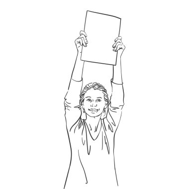 Ellerinde boş pankart gösteren mutlu bir kadın. Vektör çizimi, El çizimi doğrusal çizim
