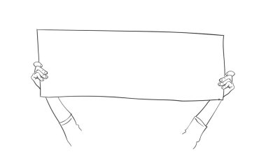 Elleri boş afiş tutuyordu. Vektör çizimi, El çizimi illüstrasyon