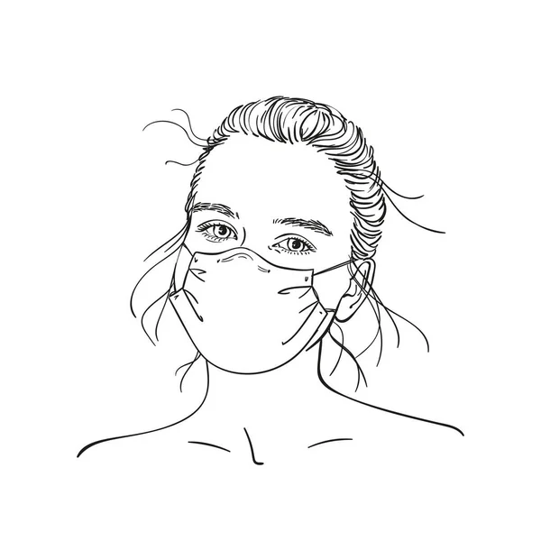 Sketch Young Teenage Girl Portrait Medical Face Mask Vector Hand — 스톡 벡터