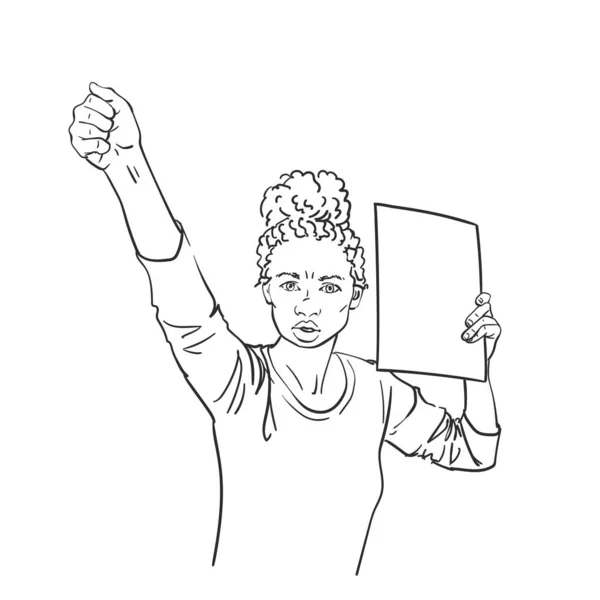 Protesta Mujer Afroamericana Con Letrero Vacío Mostrando Puño Boceto Vectorial — Vector de stock