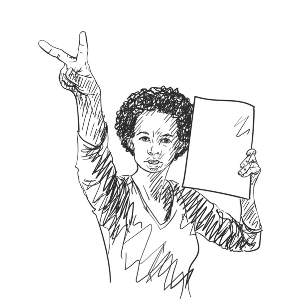 Manifestation Femme Afro Américaine Avec Panneau Vide Montrant Signe Croquis — Image vectorielle