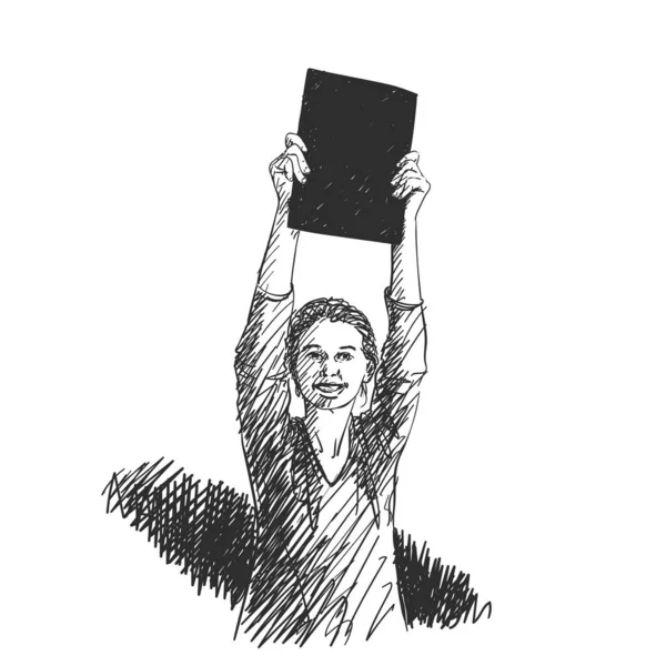 Mujer Mostrando Una Pancarta Negra Blanco Las Manos Levantadas Boceto — Vector de stock