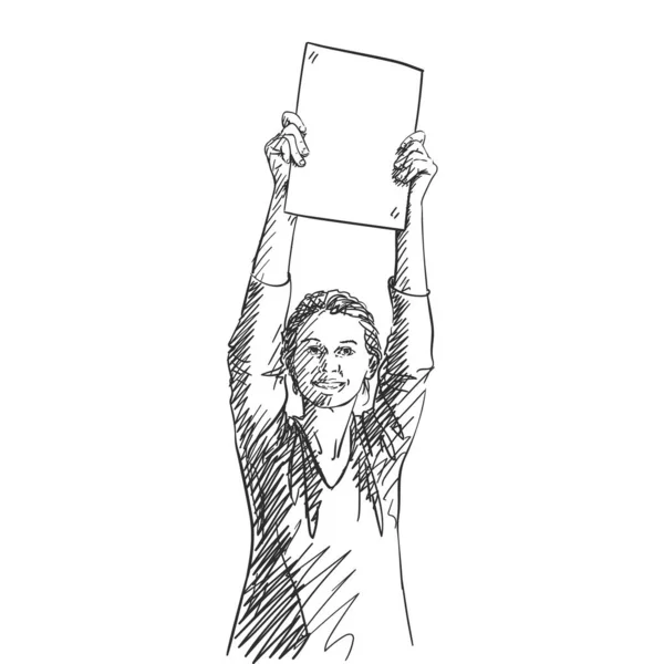 Happy Woman Showing Blank Banner Hands Raised Vector Sketch Hand — Stock Vector