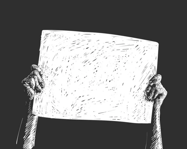 Mani Con Striscione Bianco Vuoto Schizzo Bianco Sfondo Nero Illustrazione — Vettoriale Stock