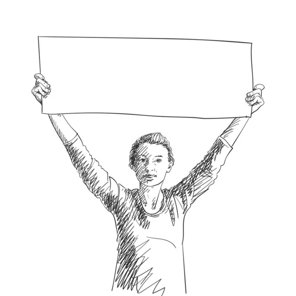 Happy Woman Showing Blank Long Banner Hands Raised Vector Sketch — Stock Vector