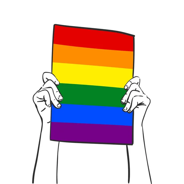 Hands Holding Lgbt Gay Pride Banner Vector Sketch Hand Drawn — Stock Vector