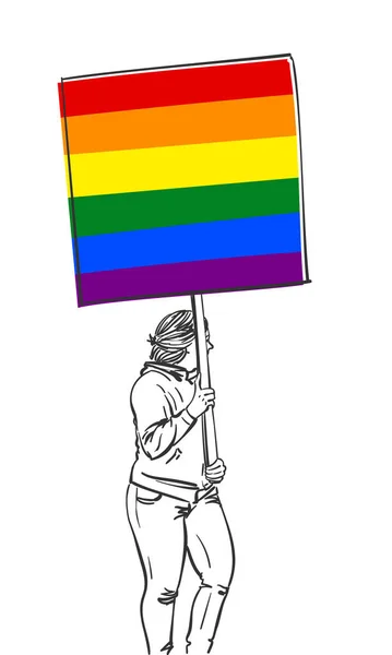 Mujer Caminando Con Bandera Orgullo Gay Lgbt Boceto Vectorial Ilustración — Vector de stock