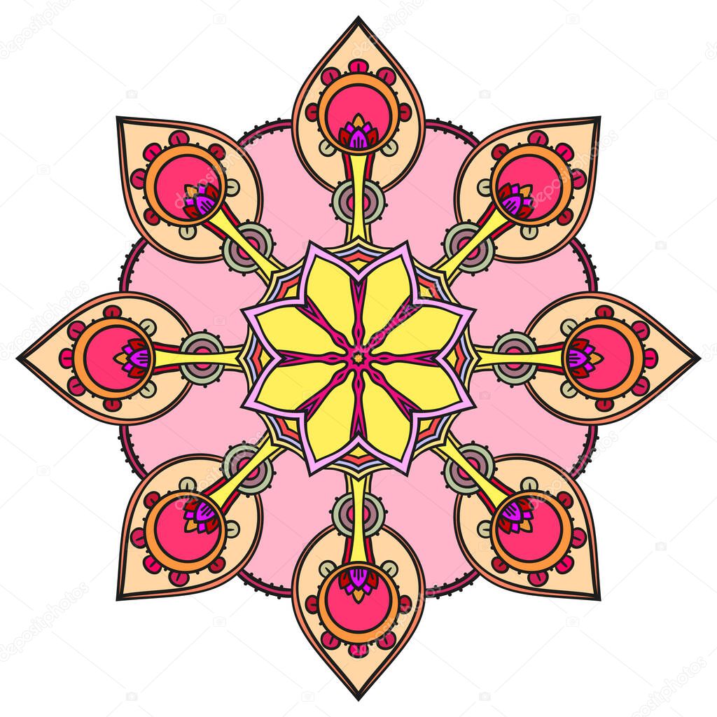 Samsara wheel mandala with flower in the middle, Isolated design element, Vector illustration