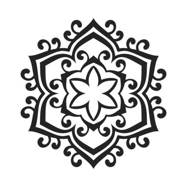 Dekoratif bukleli yuvarlak mandalalı nilüfer çiçeği, boyama kitabı için izole tasarım unsuru, tişört, tekstil, dövme veya herhangi başka bir süsleme, Vektör illüstrasyonu