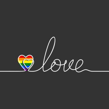  LGBT gay gururlu bayrak rengi kalp aralıksız çizgi halinde Sevgi sözcüğü, vektör çizimi koyu gri arkaplan üzerine beyaz çizgi