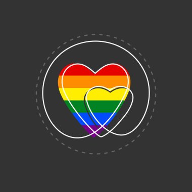LGBT gay gurur bayrağı rengi. Çember etiketine iki kalp, koyu gri arkaplana vektör illüstrasyon beyaz çizgi.