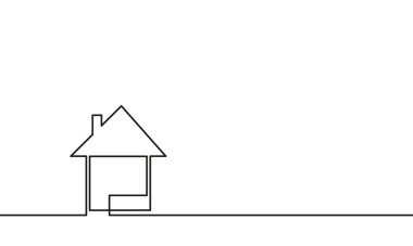 Aralıksız bir çizgi, izole edilmiş bir ev, şehir yerleşim binası, tek bir ince çizgiden oluşan minimalist kontur vektör çizimi.
