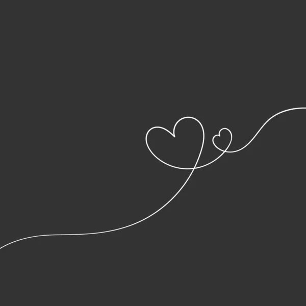2つの心を描く連続線 濃い灰色の背景に白い線を描く手 愛の概念のベクトルミニマリストイラスト — ストックベクタ