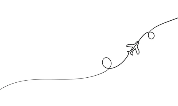 1本の線画飛行機のフライトルート 手描きベクトルミニマリスト連続線イラスト — ストックベクタ