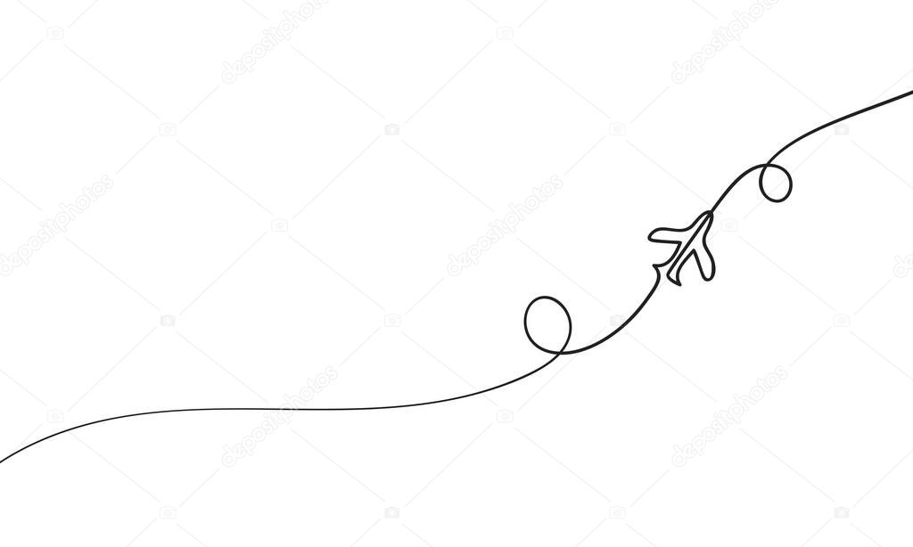 One line drawing airplane flight route, Hand drawn vector minimalist Continuous line illustration