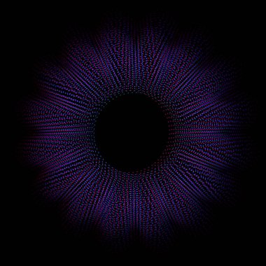 Siyah arkaplan üzerinde dinamik şekil parçacıkları mavi ve mor renk, Moda soyut geometrik yuvarlak çerçeve halka