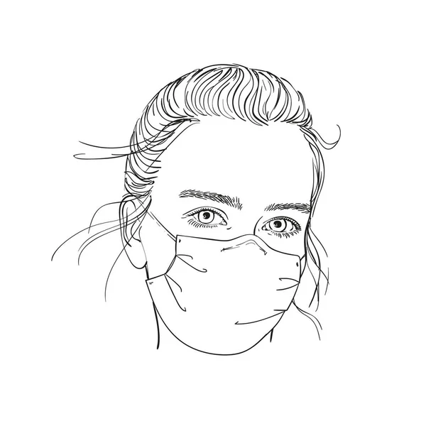 Sketch Teenage Girl Portrait Medical Face Mask Vector Hand Draw — 스톡 벡터