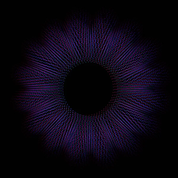 黑色背景上的动态形状粒子蓝色和紫色 趋势抽象几何圆框环 — 图库矢量图片
