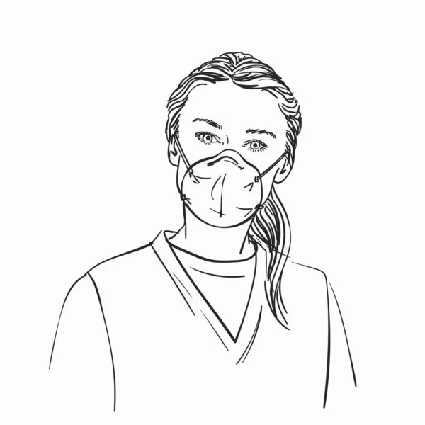 Skizze Einer Frau Mit Medizinischer Gesichtsmaske Von Hand Gezeichnete Vektorlineare — Stockvektor