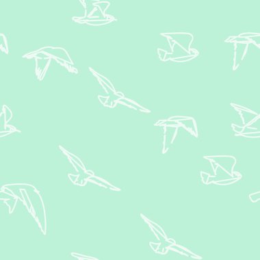 Kusursuz desenli uçan kuş sürüsü soyut geometrik beyaz çizgi yeşil zemin üzerine çiziyor. Vektör